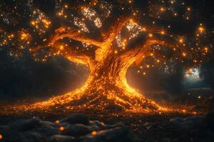 Enchanted Tree Illuminated by Magical Lights in Mystical Forest Setting photo