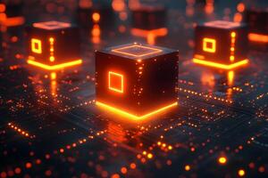 Futuristic Digital Blockchain Concept with Glowing Data Cubes for Technology Design photo