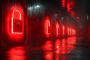 Futuristic Corridor with Glowing Red Padlocks for Technology and Security Design photo
