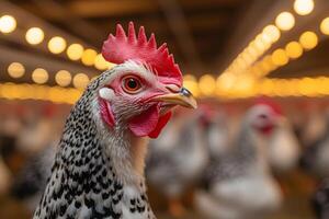 Close-Up of Speckled Hen in Modern Poultry Farm with Warm Lighting photo
