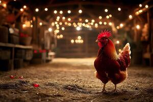 Rustic Barnyard Evening with Rooster Under Warm String Lights photo