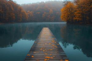 Autumn Serenity Wooden Dock on Misty Lake with Vibrant Foliage for Tranquil Nature Themes photo
