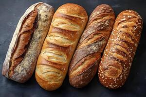 Artisan Bread Variety Display Featuring Rustic Loaf, Baguette, Whole Grain with Seeds photo