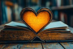 Heart-Shaped Light in Book - Symbol of Love and Knowledge for Literary Design photo