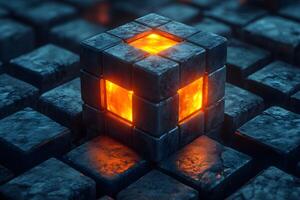 Futuristic Glowing Cube in Dark Digital Matrix for Tech Design photo