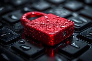 Cybersecurity Concept Red Lock on Wet Keyboard Symbolizing Online Protection photo