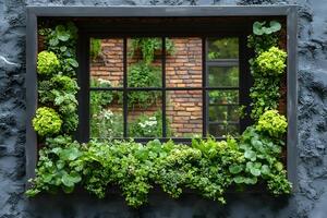 Lush Greenery Framing a Brick Wall Window Scene for Botanical Design photo