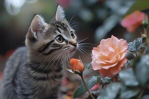 Curious Kitten Exploring Beautiful Garden Roses in Bloom photo
