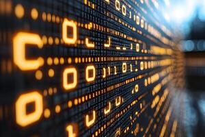 Abstract Digital Code Wall with Glowing Orange Binary Elements for Technology Design photo