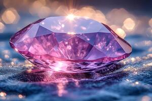 Sparkling Pink Gemstone on Crystal Surface Elegance and Glimmer for Luxurious Design photo