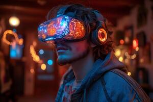 Futuristic VR Experience Concept in a Cozy Interior Environment for Entertainment Design photo
