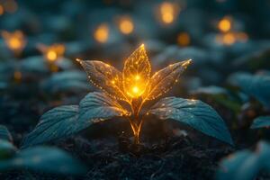Magical Growth Illuminated Seedling in Enchanted Forest Setting for Nature and Fantasy Design photo