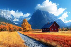 Autumn Serenity in a Mountain Landscape - Tranquil Red Cabin Surrounded by Vibrant Fall Foliage photo