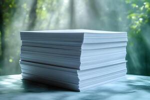 Stack of Paper in Sunlit Forest Setting for Nature-Themed Stationery and Design Projects photo