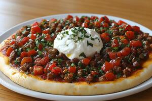 Gourmet Pizza with Fresh Burrata, Sausage, and Tomato Topping for Culinary Inspiration photo