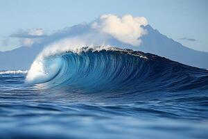 Majestic Ocean Wave with Mountainous Backdrop for Coastal Design and Nature Enthusiasts photo