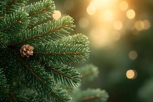 Evergreen Pine Tree Branch with Cone Highlighted by Sunlight Bokeh for Nature Themed Design photo