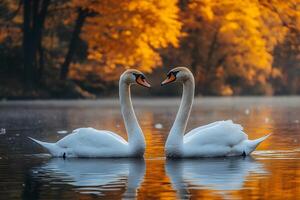 Romantic Swan Pair in Autumn Lake Setting - Perfect for Fall-Themed Designs photo