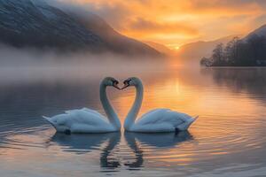 Romantic Swan Pair at Sunset on Serene Lake for Nature-Themed Wall Art photo