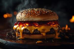 Delicious Gourmet Cheeseburger with Bacon and Melted Cheese for Culinary Promotions photo