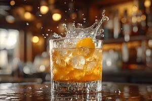 refrescante whisky cóctel con limón giro en rústico bar ambiente foto