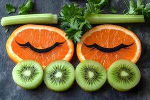 Creative Fruit Art with Orange Slices, Kiwi, and Celery for Healthy Eating Concept photo