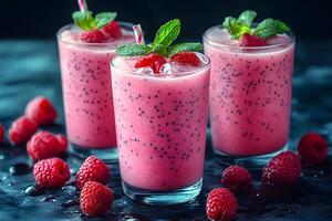 Refreshing Raspberry and Dragon Fruit Smoothie with Mint Garnish for Summer Refreshment photo