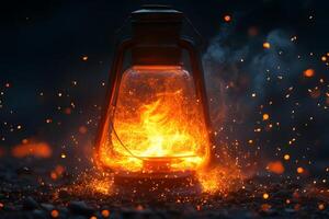 Glowing Lantern with Sparkling Embers - Mystical Nighttime Illumination for Design photo