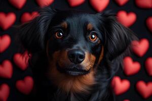 Adorable Dog with Red Hearts Background for Valentine's Day Cards photo