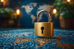 Global Security Concept with Golden Padlock and World Map for Cybersecurity Visualization photo