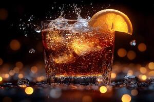 Refreshing Cocktail with Citrus Slice and Ice Splash Against Bokeh Background for Beverage Design photo