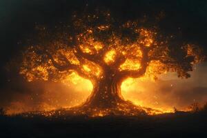 Enchanted Fiery Tree Mystical Nighttime Fantasy Scene for Visual Art Design photo