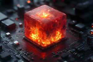 Futuristic Technology Chip with Glowing Red Core for Innovative Design Concepts photo