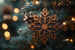 Rustic Wooden Snowflake Ornament on Christmas Tree with Warm Bokeh Lights photo
