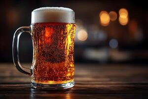 Cold Beer Mug on Rustic Bar Surface in Warm Ambient Lighting photo