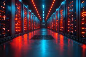 Futuristic Data Center Server Room with Neon Lights - Technology and Innovation Concept photo