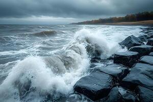 Dramatic Coastal Waves Crashing on Rocky Shoreline in Overcast Weather photo