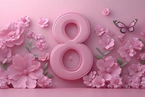 Elegant Floral Number 8 with Pink Flowers and Butterfly Design for Decorative Prints photo