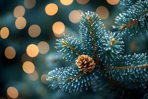 Festive Pine Branch with Frosted Bokeh Lights - Winter Holiday Design photo
