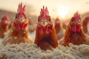 Close-Up of Chickens in Farm Setting at Sunset for Agricultural Themes photo