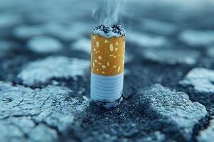 Cigarette Butt in Asphalt Puddle Symbolizing Environmental Pollution and Waste photo