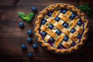 Blueberry Lattice Pie on Rustic Wooden Table for Autumn Baking Inspiration photo