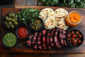 Grilled Steak Platter with Chimichurri, Olives, and Pita Bread for a Mediterranean Feast photo
