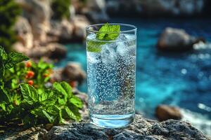 Refreshing Sparkling Water with Mint on Rocky Seaside - Ideal for Summer Relaxation photo