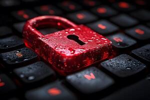 Cybersecurity Concept Red Padlock on Wet Keyboard for Security Awareness Poster photo