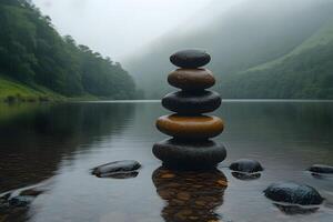Zen Stone Stack by Misty Lake for Meditation and Serenity photo