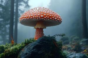 Misty Forest Scene with Vibrant Amanita Mushroom on Mossy Rock photo