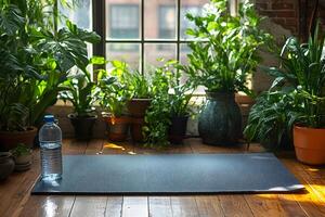 Indoor Yoga Retreat Serene Mat and Vibrant Greenery for Wellness Inspiration photo