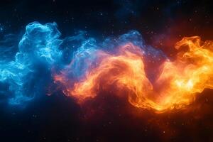 Dynamic Blue and Orange Nebula Clouds Merging in a Starry Space Scene photo