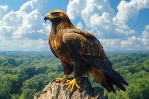 Majestic Golden Eagle Perched on Cliff with Forest and Cloudy Sky Background photo